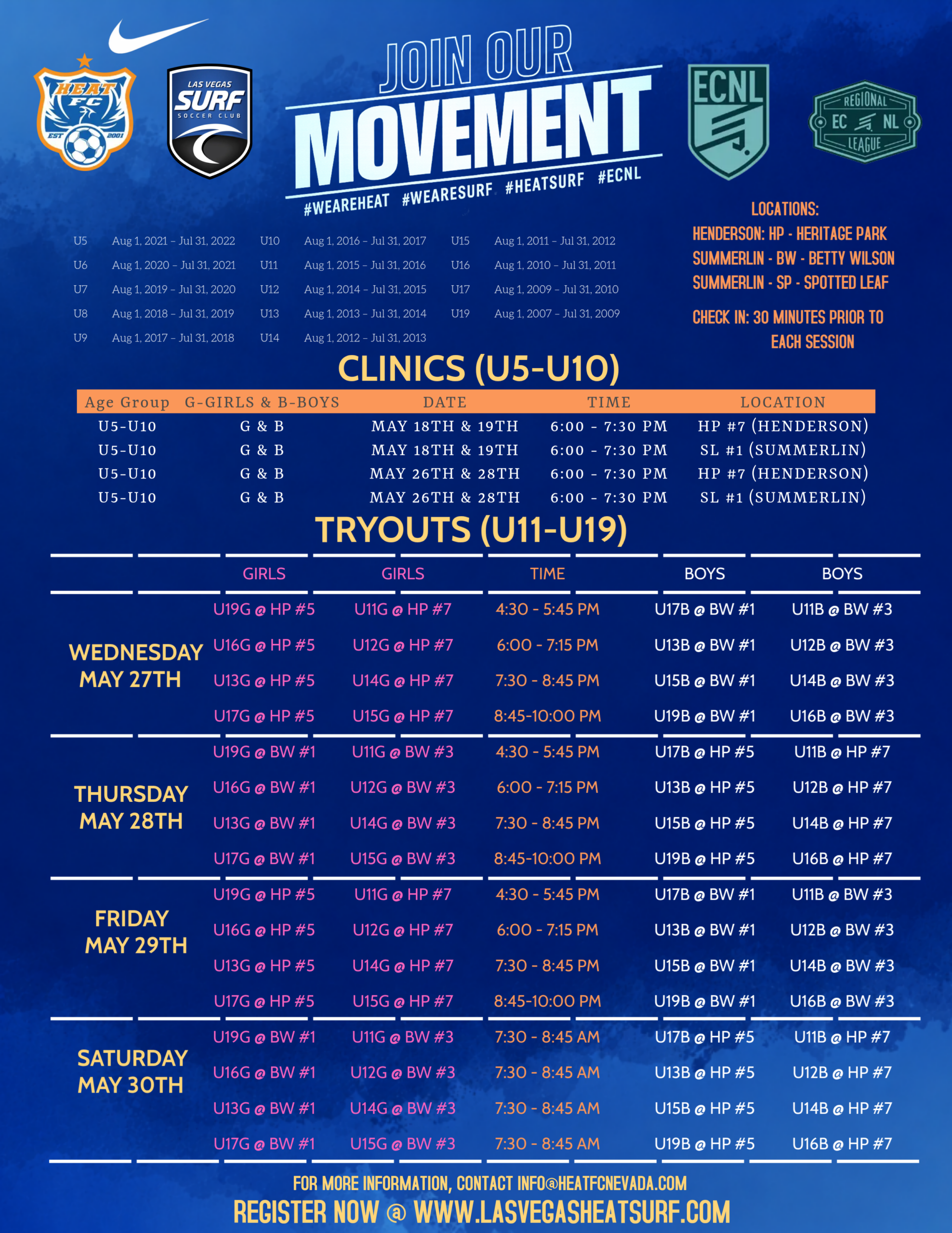 Las Vegas Surf Tryouts May 27-31 Boys & Girls U5-U18/19